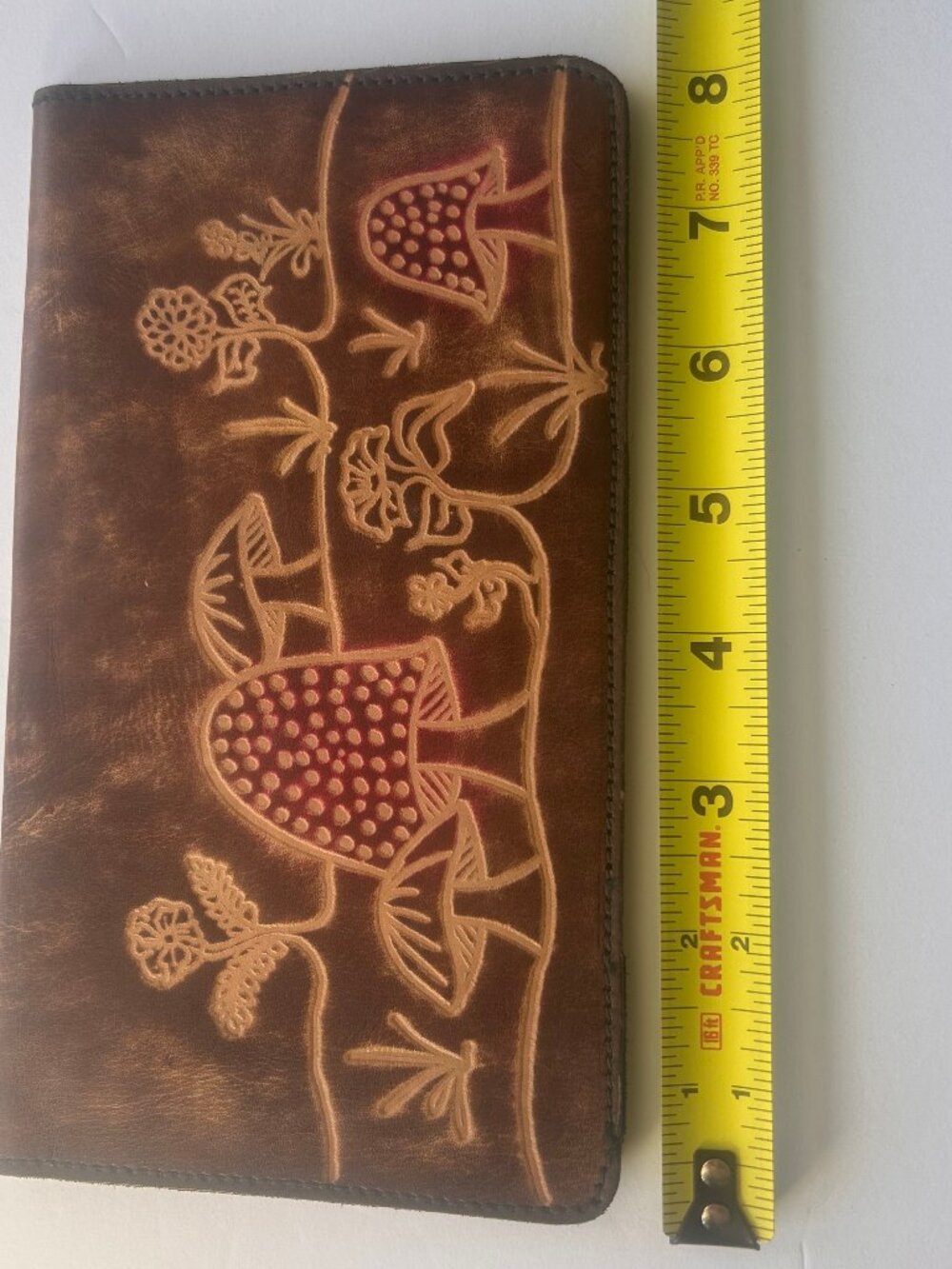 Artisan Brown Hand-Tooled Leather Checkbook Cover/Long Wallet Boho Mushroom - Picture 3 of 8